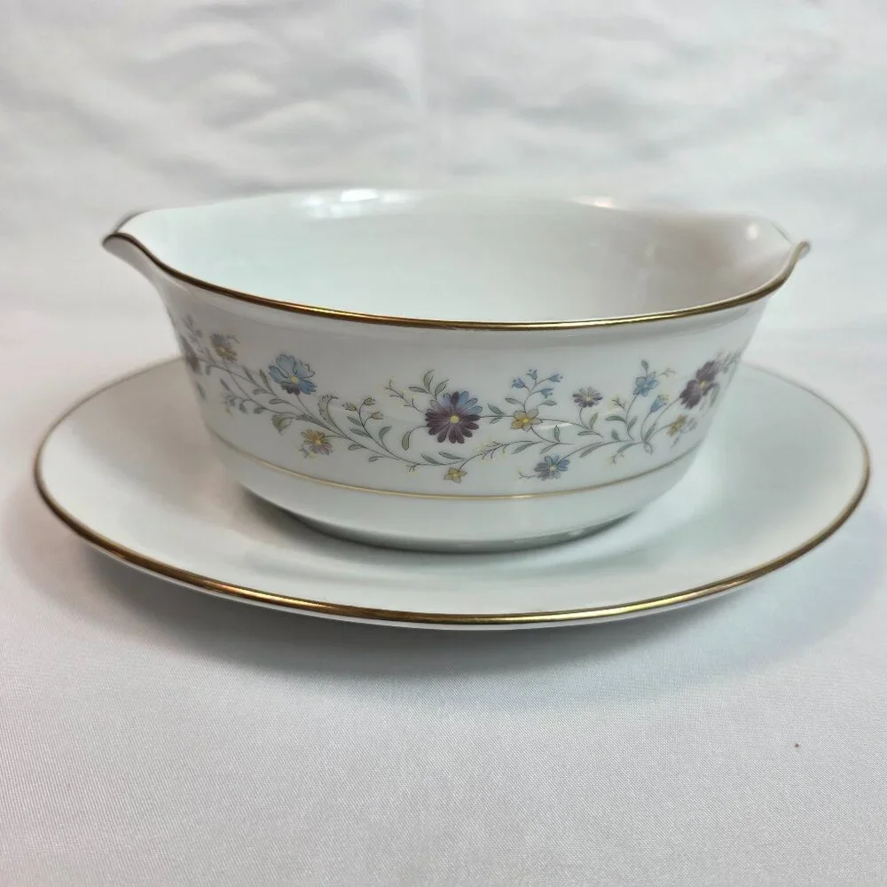 Noritake Longwood #2485 Gravy Boat with Underplate Purple, Blue & Yellow Flowers
